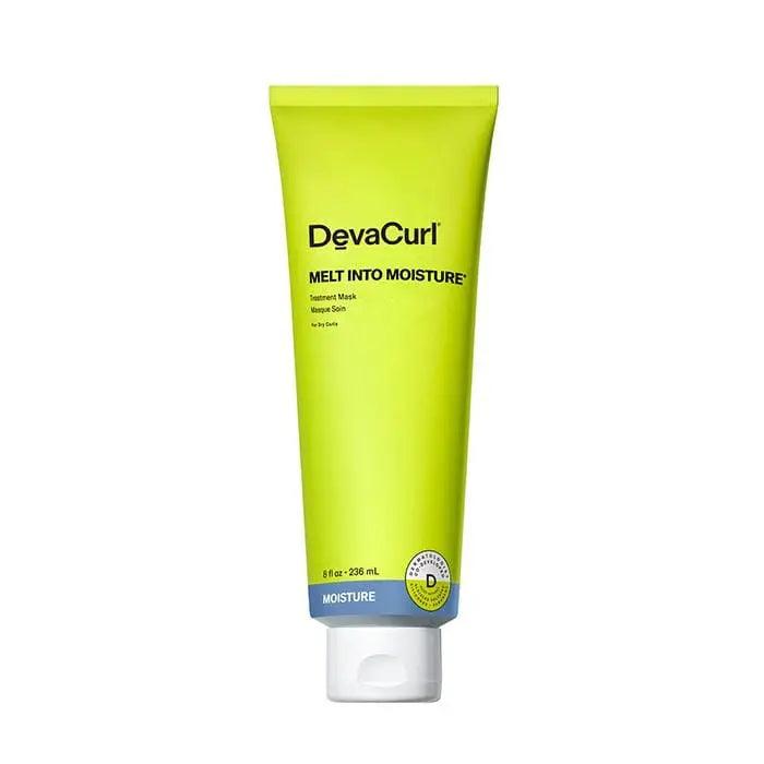 DevaCurl Melt Into Moisture Treatment Mask in vibrant yellow tube, promoting curl hydration and softness.