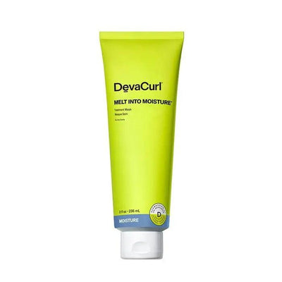 DevaCurl Melt Into Moisture Treatment Mask in vibrant yellow tube, promoting curl hydration and softness.