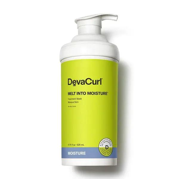 DevaCurl Melt Into Moisture Treatment Mask in a green bottle, designed for ultimate curl flexibility and deep hydration.