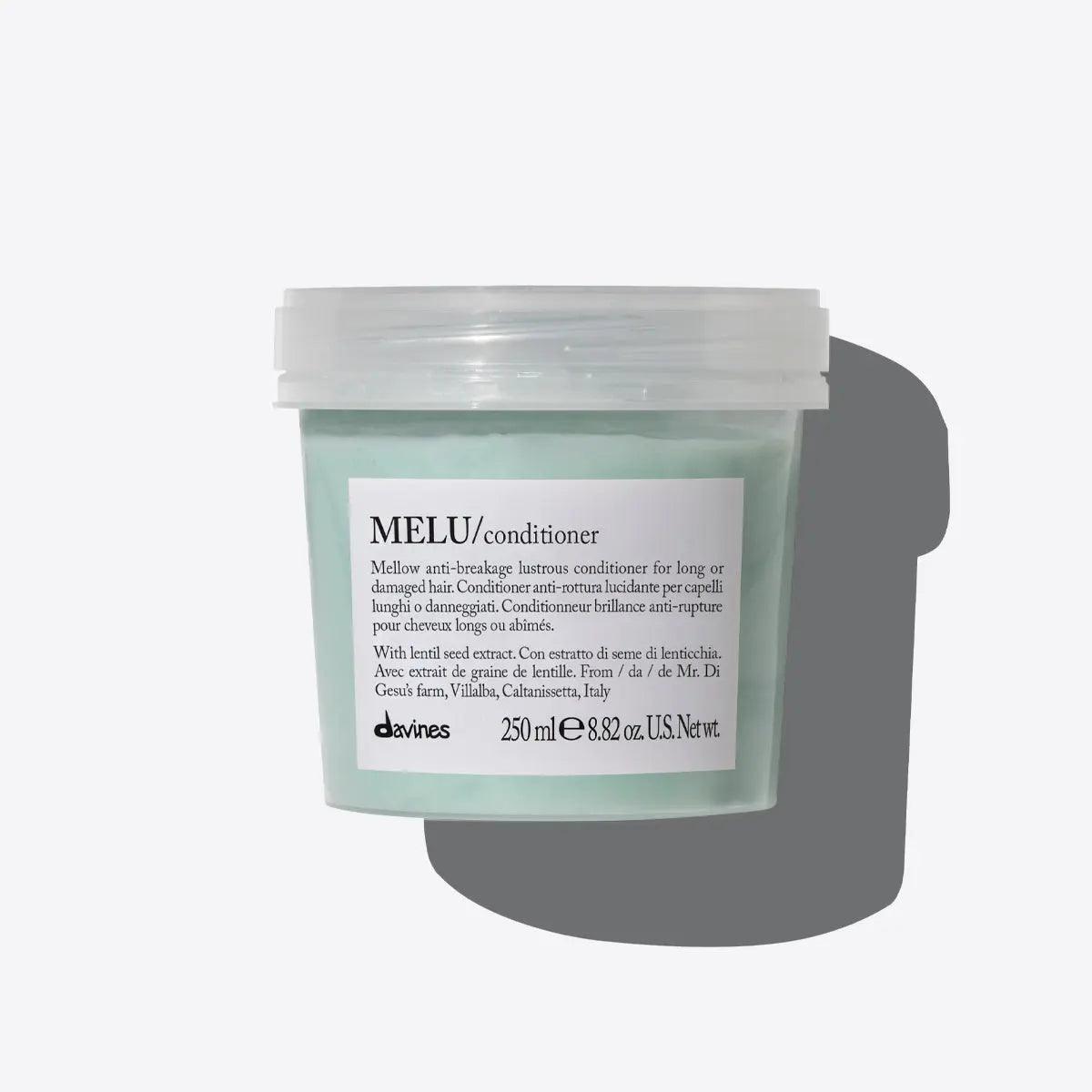 MELU anti-breakage conditioner for long or damaged hair, 250ml container. Eco-friendly haircare product for stronger, shiny hair.