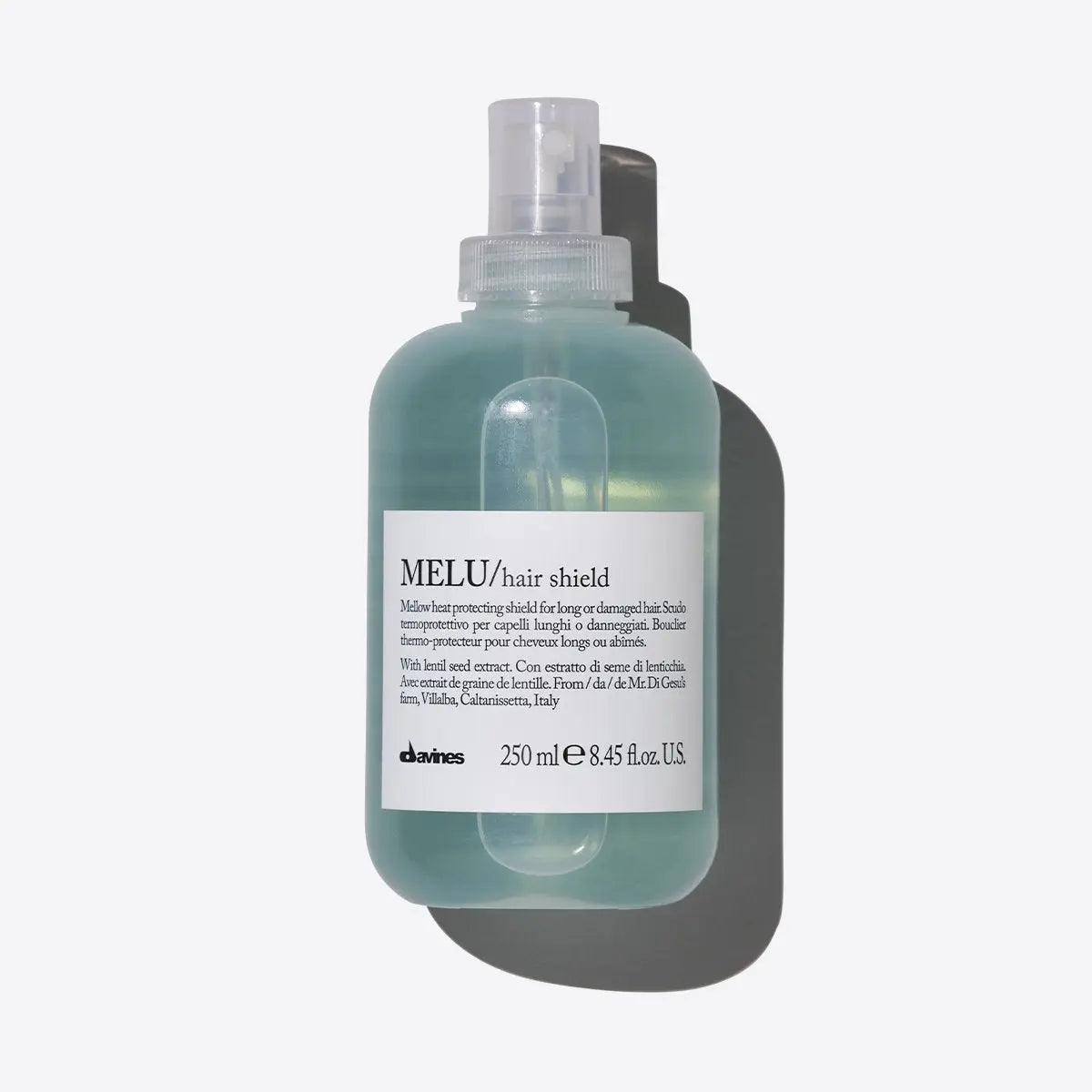 Davines MELU Hair Shield 250ml anti-breakage heat protecting spray for long hair in a clear plastic bottle with white label
