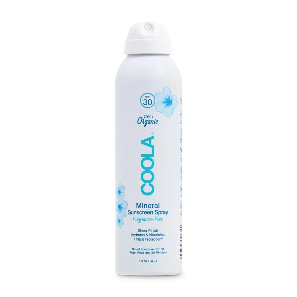 Coola Organic Mineral Sunscreen Spray SPF 30, fragrance-free, hydrating, water-resistant, sheer finish, antioxidant-rich formula.