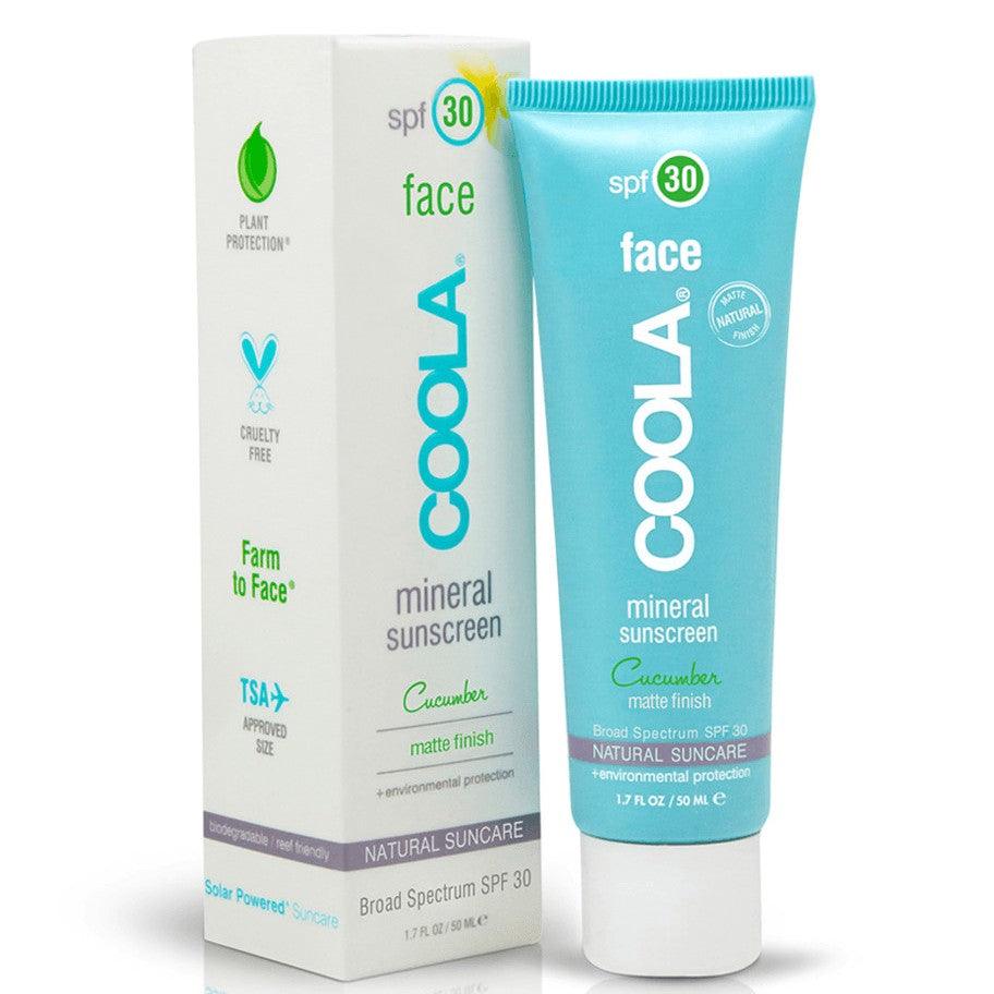 Coola Mineral Face SPF 30 Matte Sunscreen with Cucumber scent, offering broad-spectrum UV protection and nourishing ingredients.