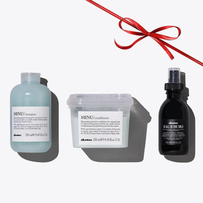 MINU + Oi Set featuring nourishing shampoo, conditioner, and styling milk for vibrant hair color and shine.