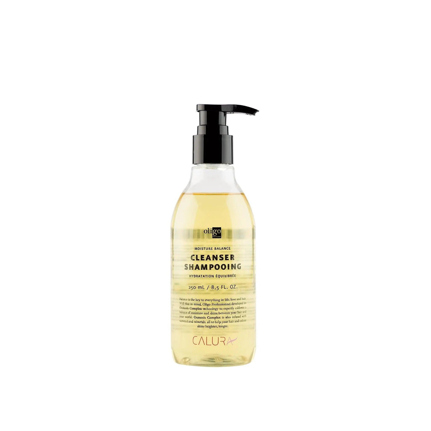 Moisture Balance Cleanser bottle with pump, designed to extend hair color and enhance shine, vegan and sulfate-free formula.