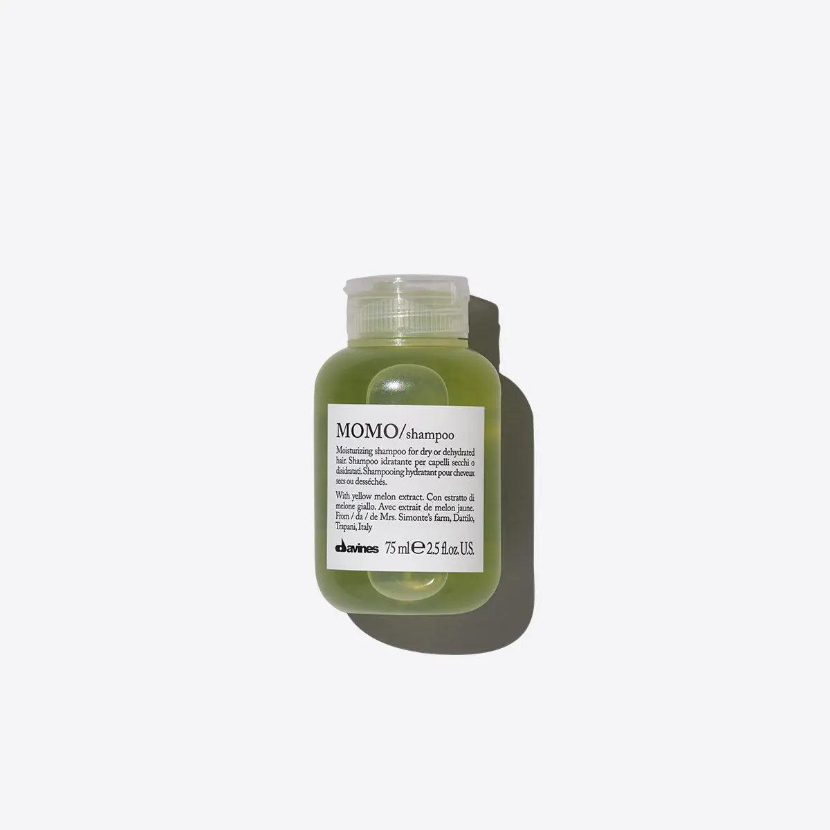 "Davines MOMO hydrating shampoo 75ml bottle, ideal for dry or dehydrated hair, with robust moisturizing properties"