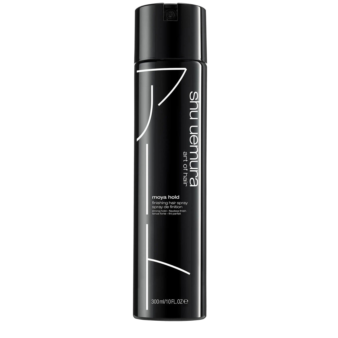 Moya Hold Finishing Hair Spray by Shu Uemura in a sleek black bottle for strong, flexible hair hold suitable for all textures.