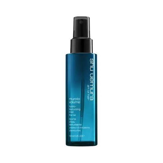 Shu Uemura Muroto Volume Hydro-Texturizing Mist in a blue spray bottle, ideal for adding volume to fine hair.