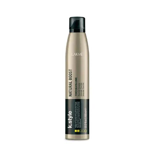 Natural Boost Flexible Mousse by Lakmé, designed to condition and detangle with a green woody fragrance for lasting hold.