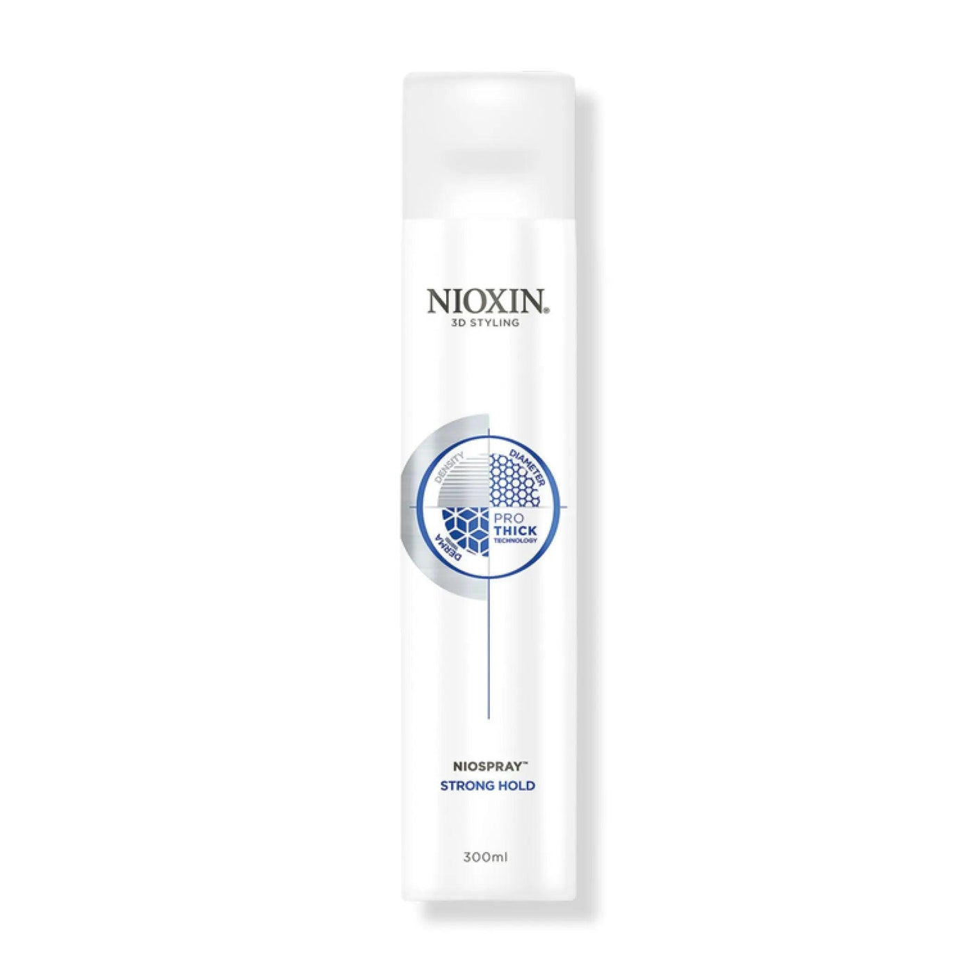 Nioxin Niospray Strong Hold hairspray bottle, 300ml, designed for firm hold and thicker-looking hair.