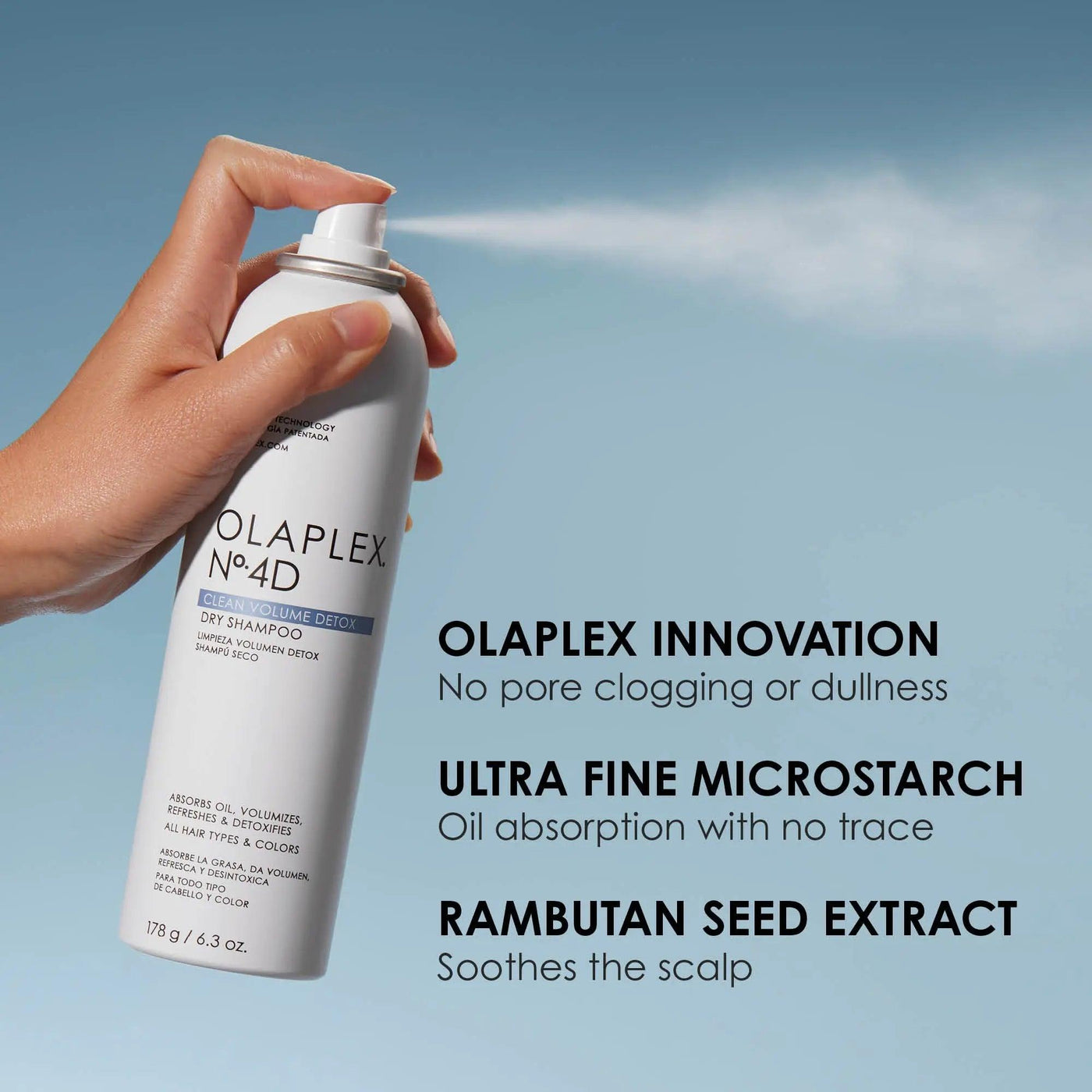 Olaplex No.4D Clean Volume Detox Dry Shampoo can with text highlighting key benefits for refreshing hair and oil absorption.