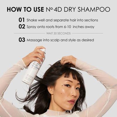 Instructions for using Nº.4D Dry Shampoo, including shaking, spraying, and massaging into the scalp.
