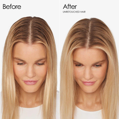 Before and after results of Olaplex No.4D Clean Volume Detox Dry Shampoo on unretouched hair, showcasing refreshed volume.