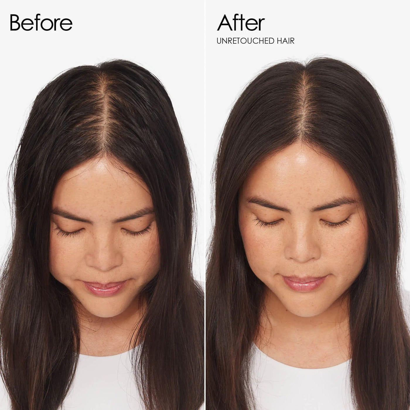 Before and after using Olaplex No.4D Clean Volume Detox Dry Shampoo, showing refreshed hair and added volume.