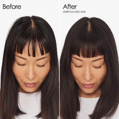 Before and after using Olaplex No.4D Dry Shampoo, showing refreshed and volumized hair.