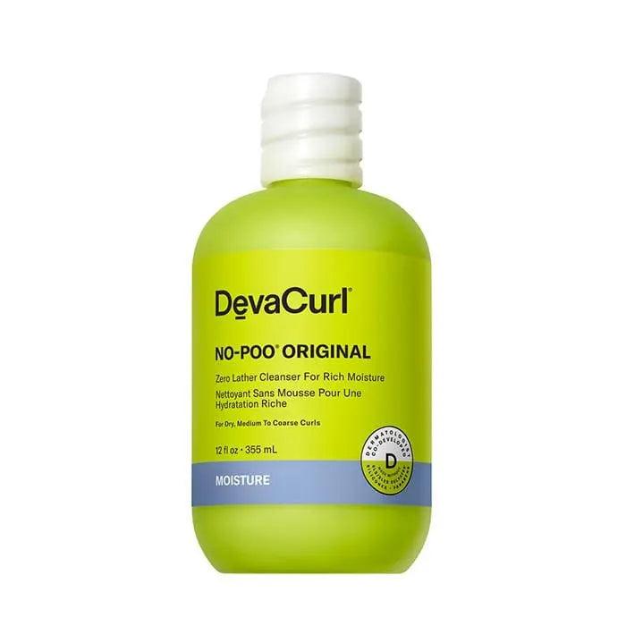 DevaCurl No-Poo Original Zero Lather Cleanser bottle for dry, medium to coarse curls, promoting moisture and shine.