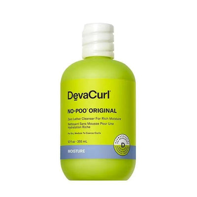 DevaCurl No-Poo Original Zero Lather Cleanser bottle for dry, medium to coarse curls, promoting moisture and shine.