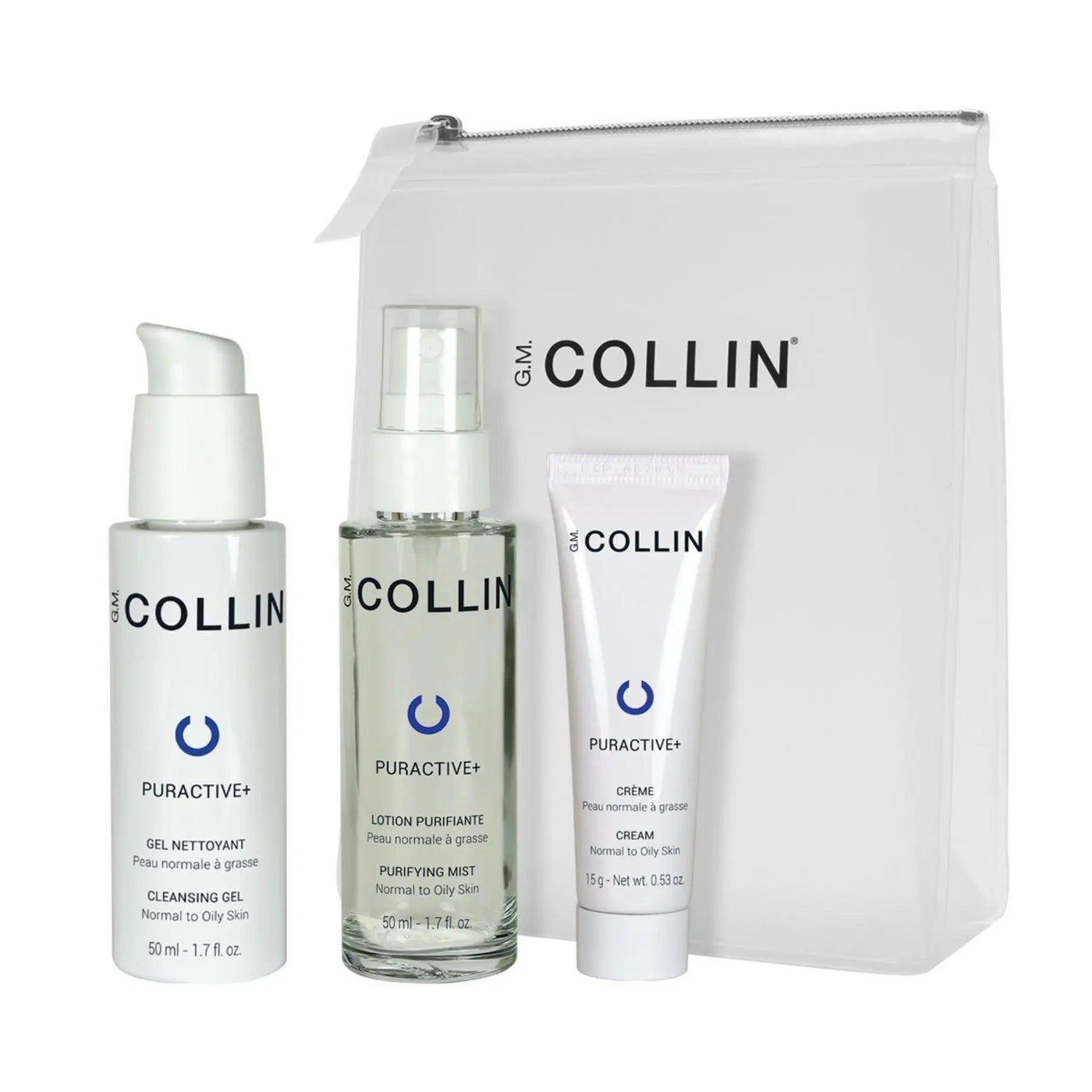 GM Collin Puractive+ skincare set including cleansing gel, purifying mist, and cream for normal to oily skin in a travel pouch