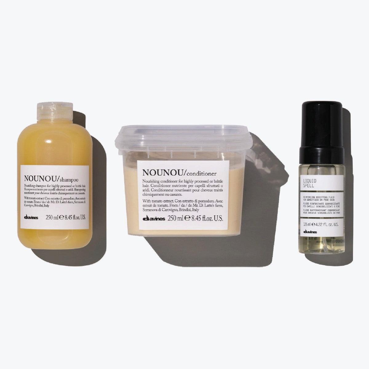 Nounou + Liquid Spell Set featuring shampoo, conditioner, and liquid spell for nourishing and repairing hair.