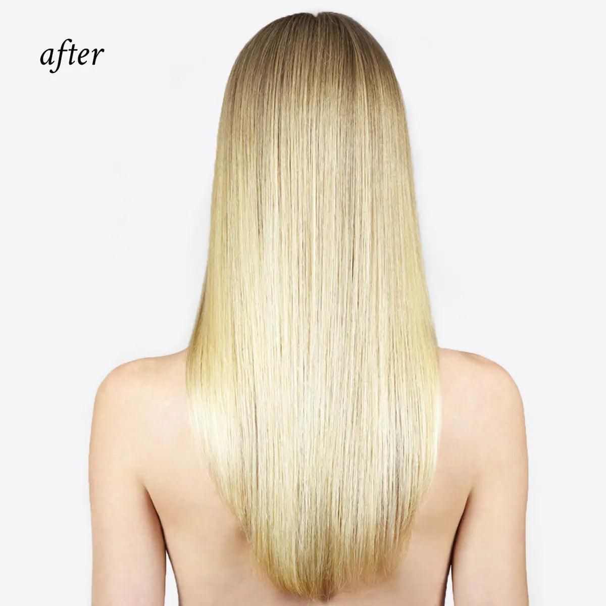 After using Oi Liquid Luster, showcasing shiny, silky, and smooth hair with a glass-like finish.