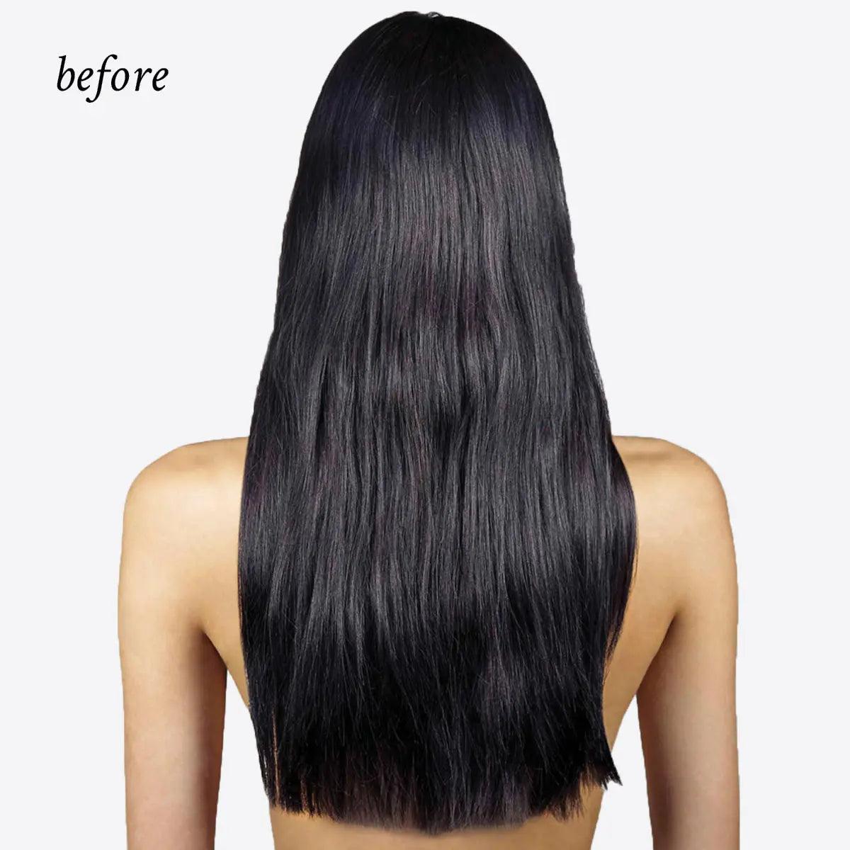 Before using Oi Liquid Luster, showcasing straight, dull hair lacking shine and softness.