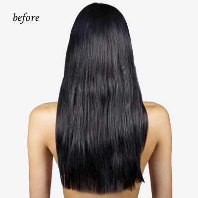 Before using Oi Liquid Luster, showcasing straight, dull hair lacking shine and softness.