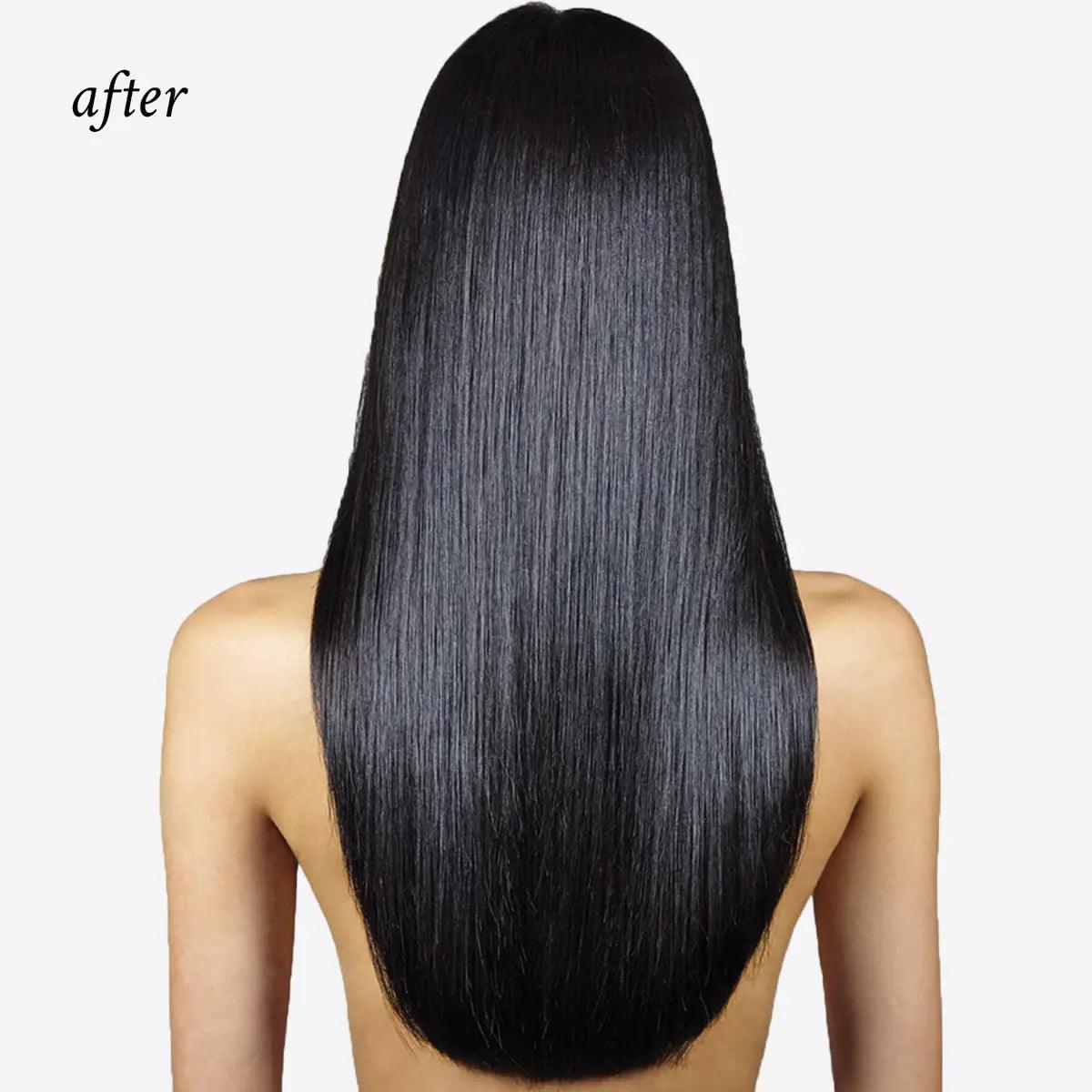 After using Oi Liquid Luster, showcasing beautifully shiny, silky, and glass-like hair with a sleek finish.