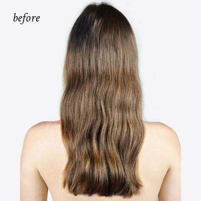 Before using Oi Liquid Luster, showcasing natural, wavy hair lacking shine and silkiness.