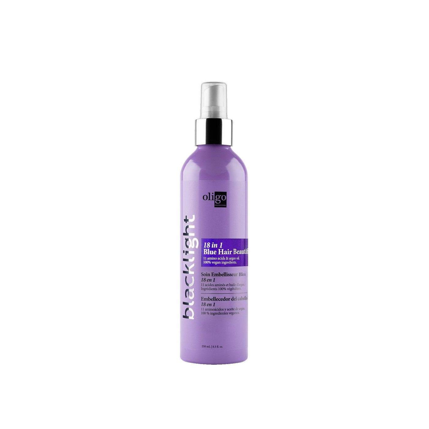 Oligo 18 In 1 Blue Hair Beautifier spray bottle for blonde hair, offering 18 benefits and neutralizing brassiness.