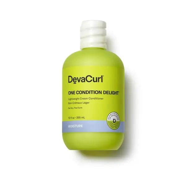 DevaCurl One Condition Delight lightweight cream conditioner for dry, fine curls, 12 oz, in vibrant green packaging.