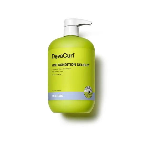 DevaCurl One Condition Delight lightweight cream conditioner for fine, dry curls in a green pump bottle.