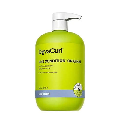 DevaCurl One Condition Original rich cream conditioner for dry, medium to coarse curls in a green pump bottle.
