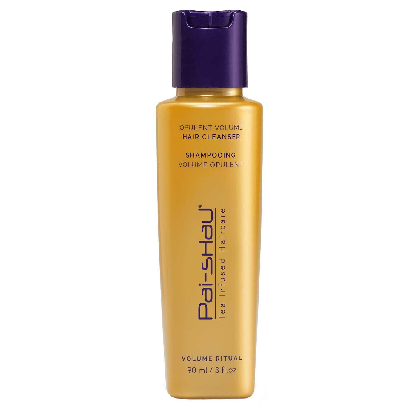 Opulent Volume Hair Cleanser in golden bottle, designed for voluminous, healthy hair with botanical and tea complexes.