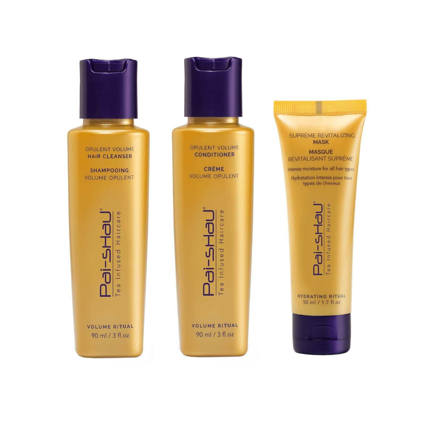Opulent Volume Ritual Collection Travel Trio featuring hair cleanser, conditioner, and revitalizing mask for healthy, voluminous hair.
