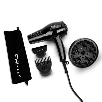 Platform 1900 Nano Lite Pro Hair Dryer with diffuser, comb, and carrying pouch for versatile hair styling.
