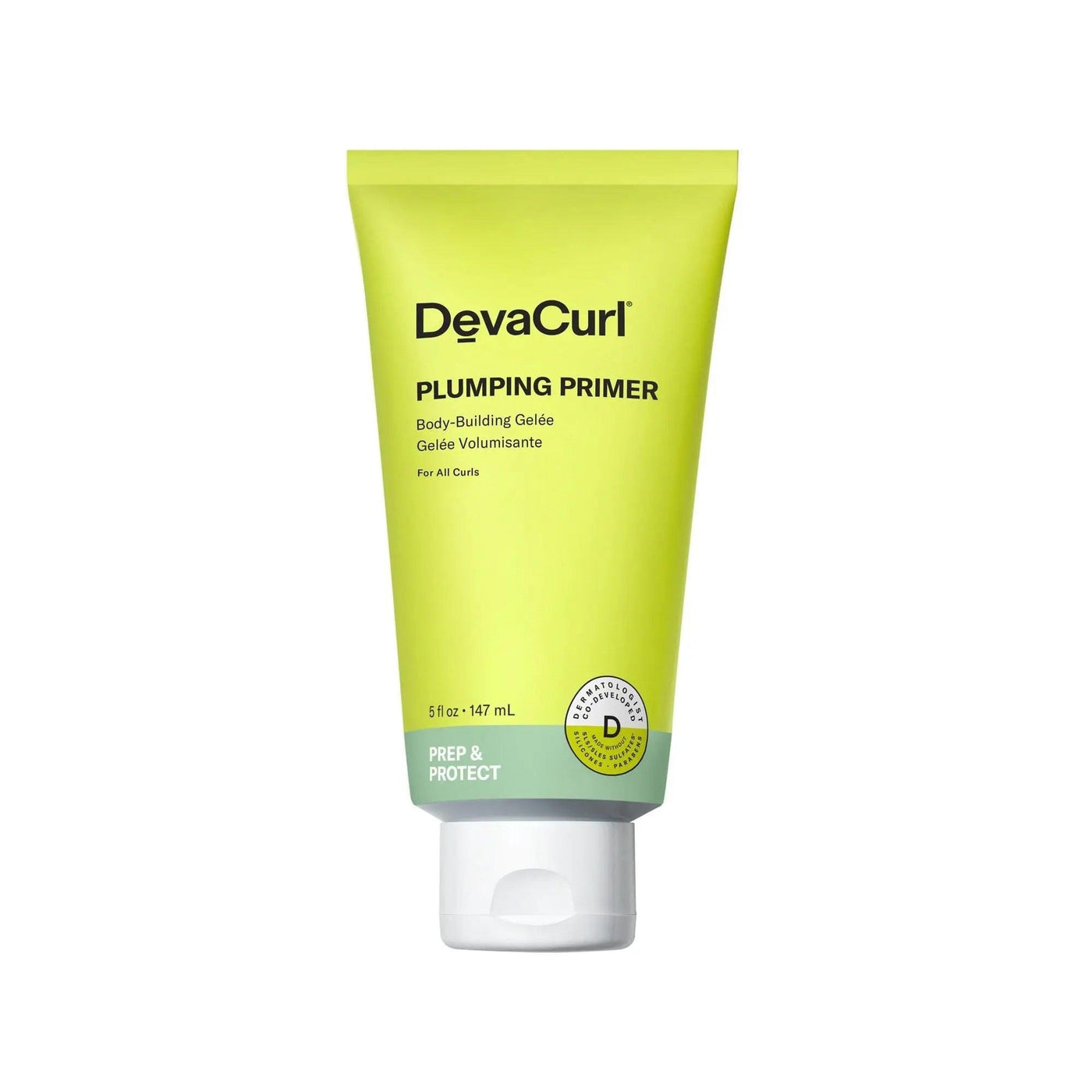 Devacurl Plumping Primer Body Building Gelee tube for healthy, full curls and moisture boost. 5.5 oz packaging.