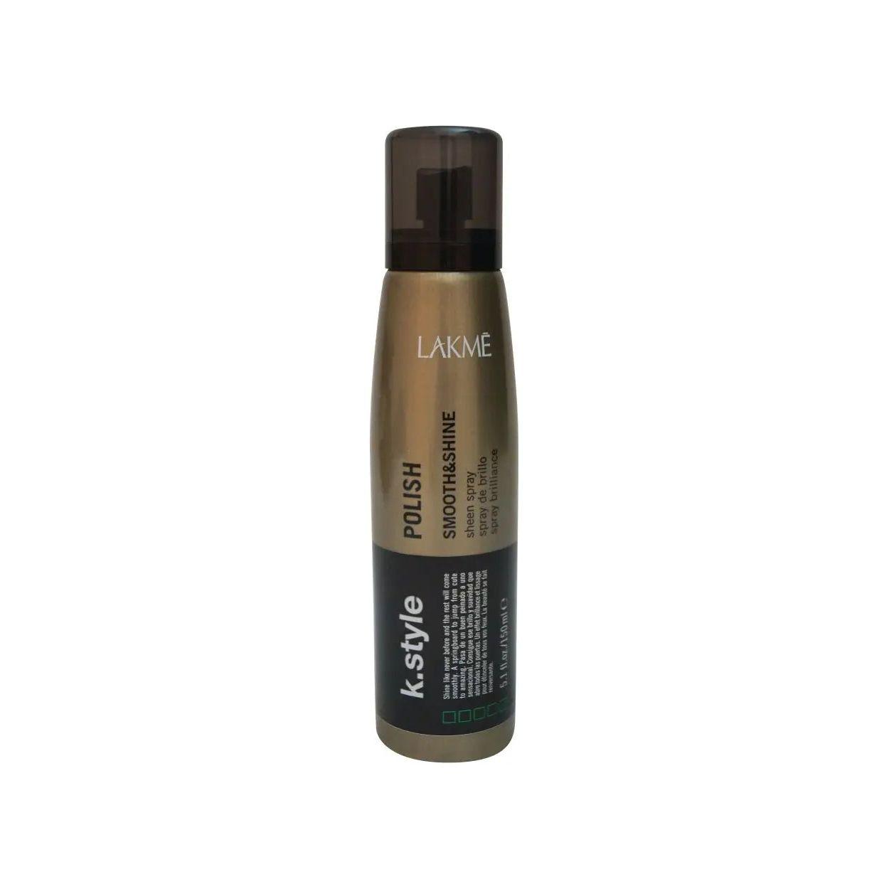 Lakme K-Style Polish Sheen Spray, long-lasting hair product with UV and thermal protection, green woody fragrance.