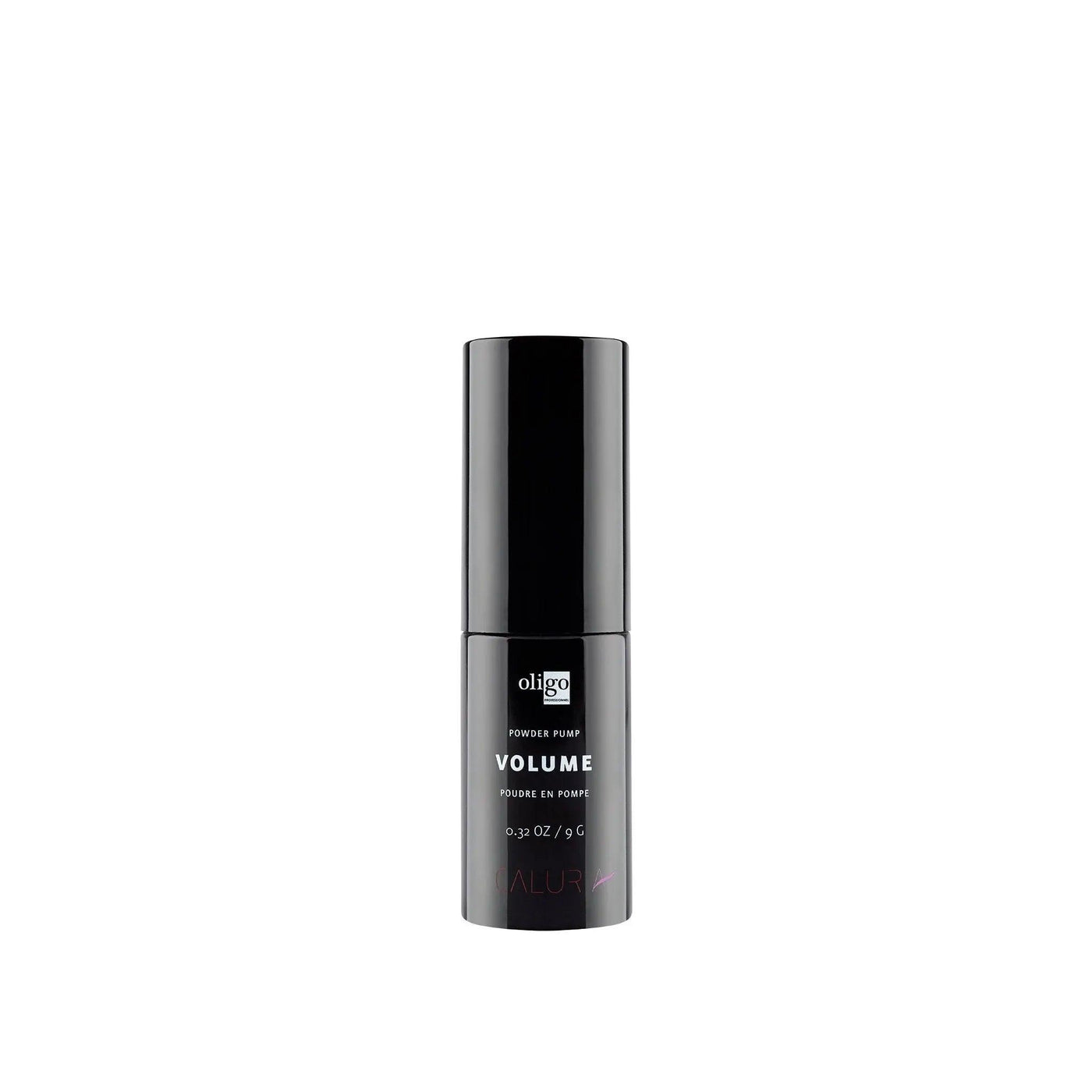 Black spray bottle of Oligo Powder Pump Volume for lasting hair volume and clean application. Vegan and paraben-free formula.