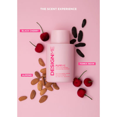 Design.Me Puff Me spray bottle with black cherry, almond, and tonka bean scents on a pink background