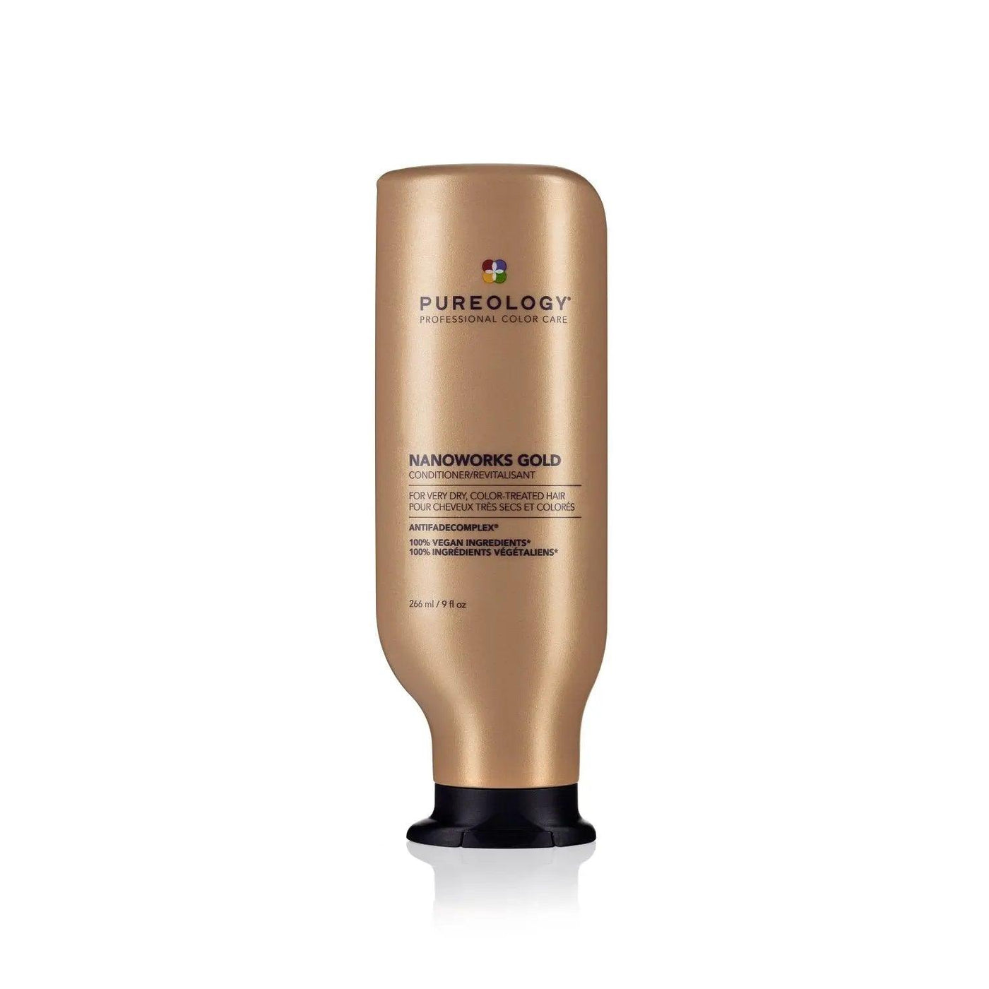 Pureology Nano Works Gold Conditioner bottle for hydrating and renewing color-treated hair, enhancing strength and youthfulness.