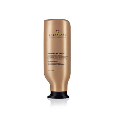 Pureology Nano Works Gold Conditioner bottle for hydrating and renewing color-treated hair, enhancing strength and youthfulness.