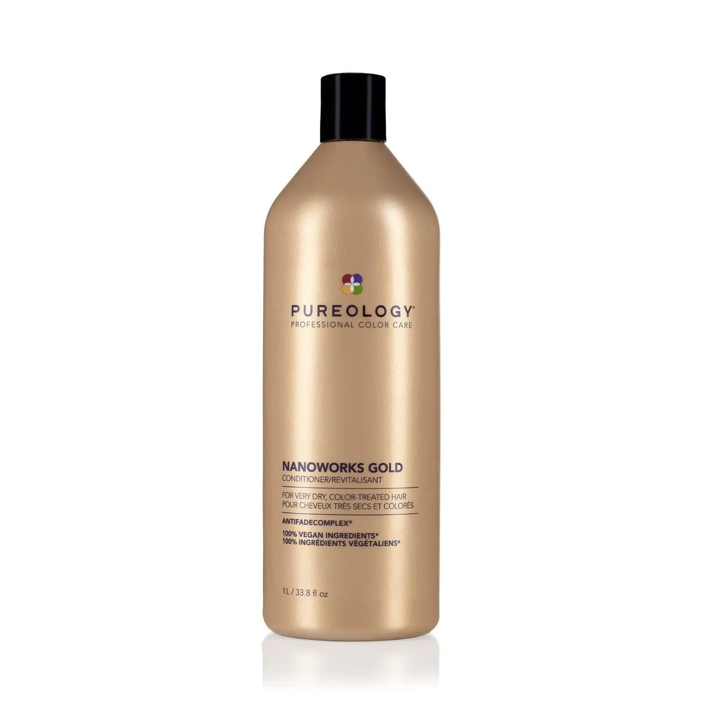 Pureology Nano Works Gold Conditioner bottle for color-treated hair, providing luxurious hydration and renewal.