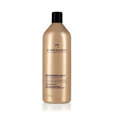 Pureology Nano Works Gold Conditioner bottle for color-treated hair, providing luxurious hydration and renewal.