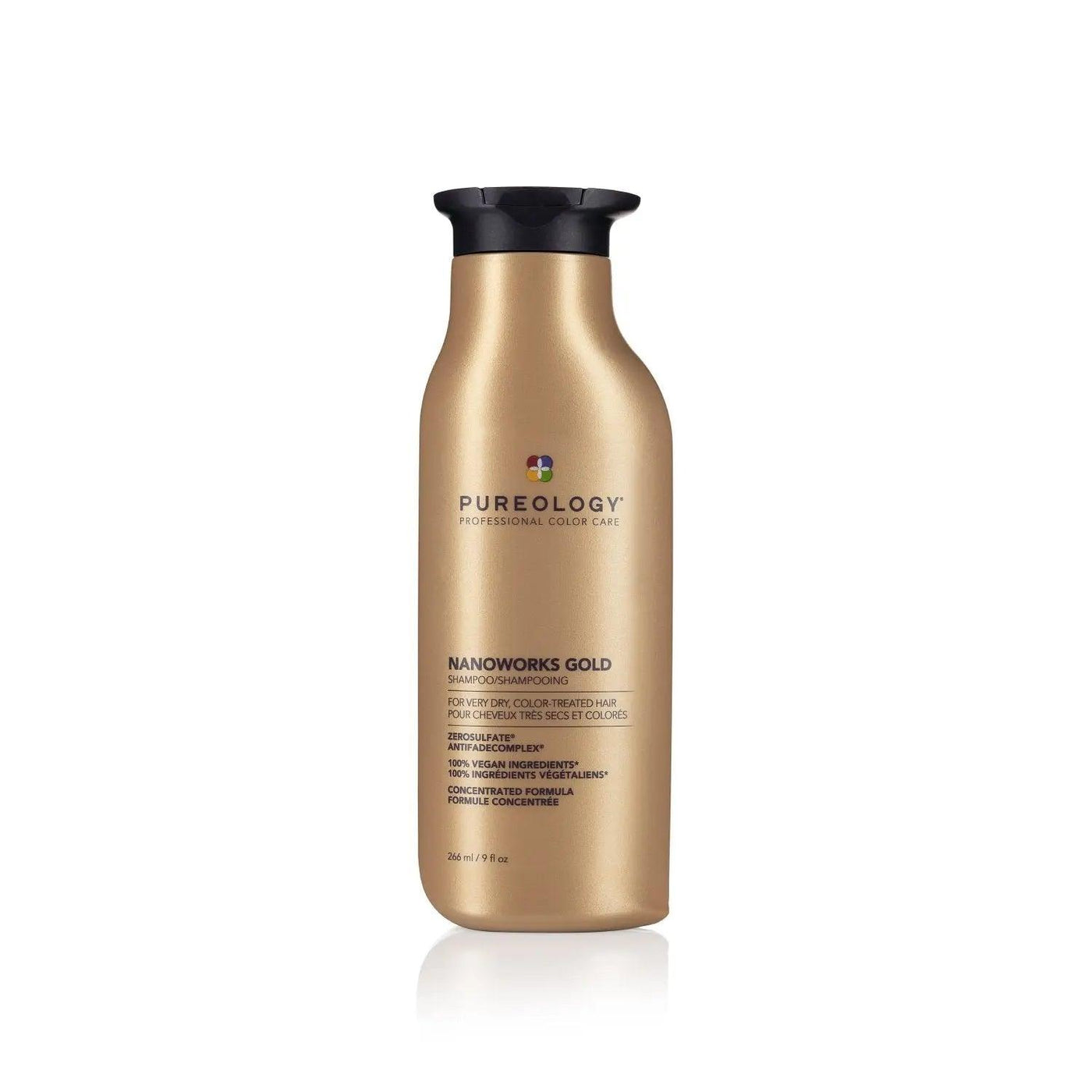 Pureology Nano Works Gold Shampoo bottle, luxurious formula for improved shine and manageability, professional color care.