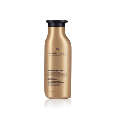 Pureology Nano Works Gold Shampoo bottle, luxurious formula for improved shine and manageability, professional color care.