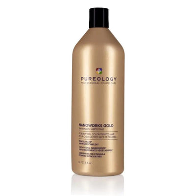 Pureology Nano Works Gold Shampoo in a sleek golden bottle, designed for color-treated hair to improve shine and manageability.