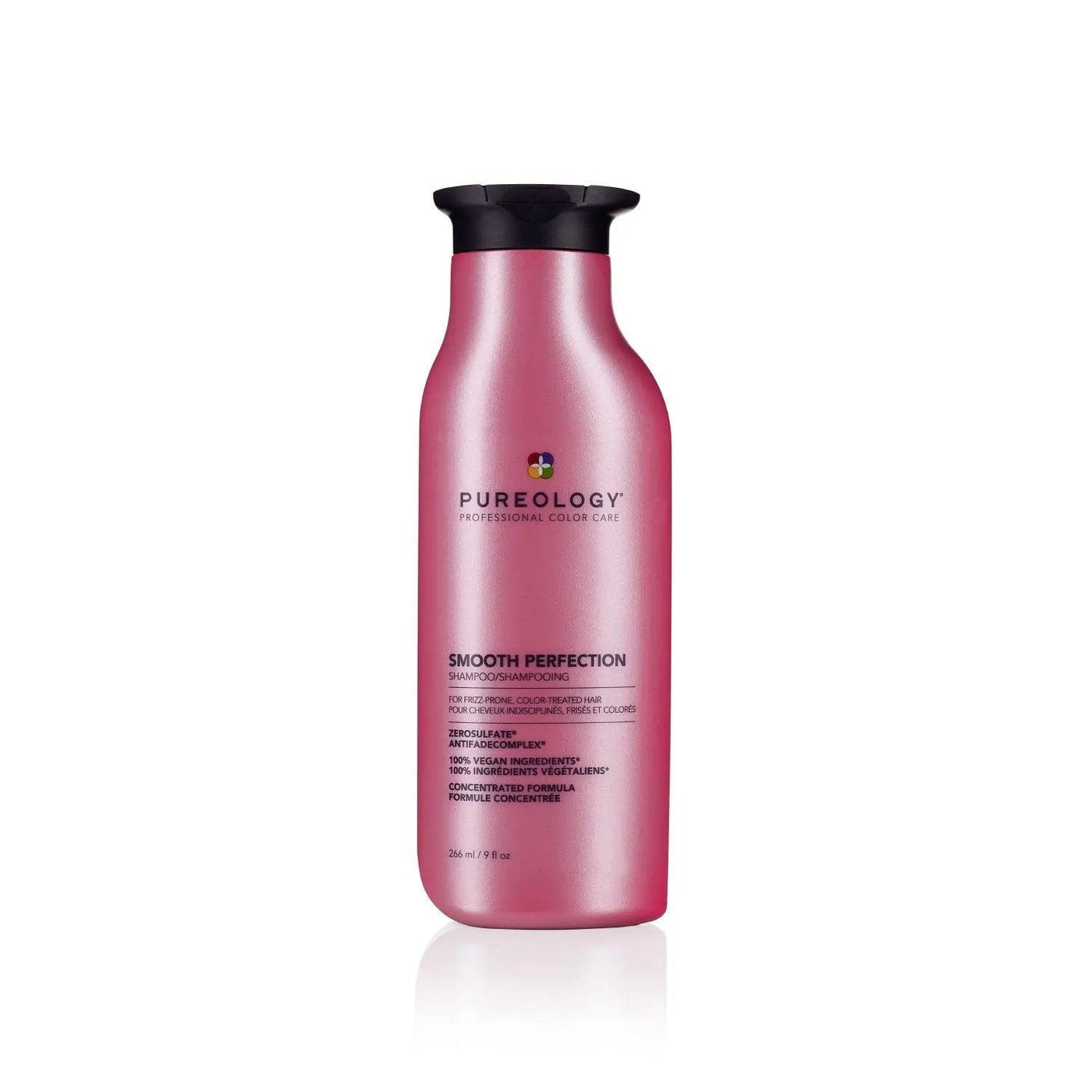 Pureology Smooth Perfection Shampoo bottle for color-treated hair, gently cleanses without fading color, featuring violet, clove, and musk scent.