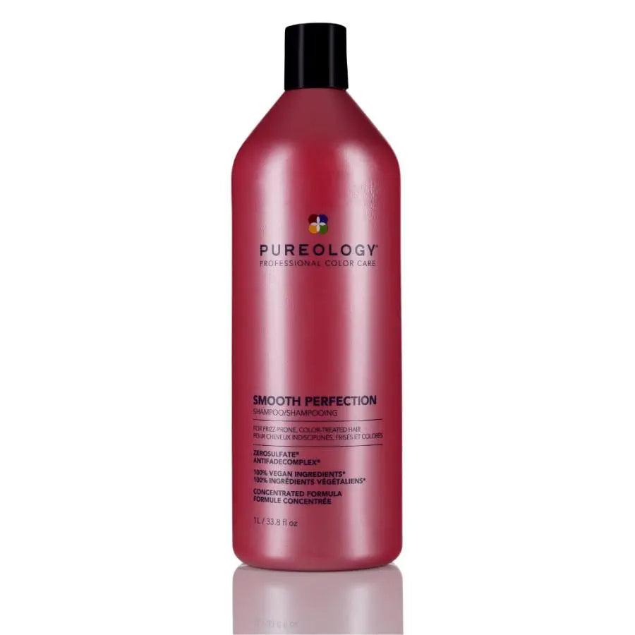 Pureology Smooth Perfection Shampoo bottle for color-treated hair, gently cleanses while preserving vibrant color and fragrance.