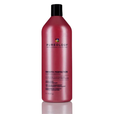 Pureology Smooth Perfection Shampoo bottle for color-treated hair, gently cleanses while preserving vibrant color and fragrance.