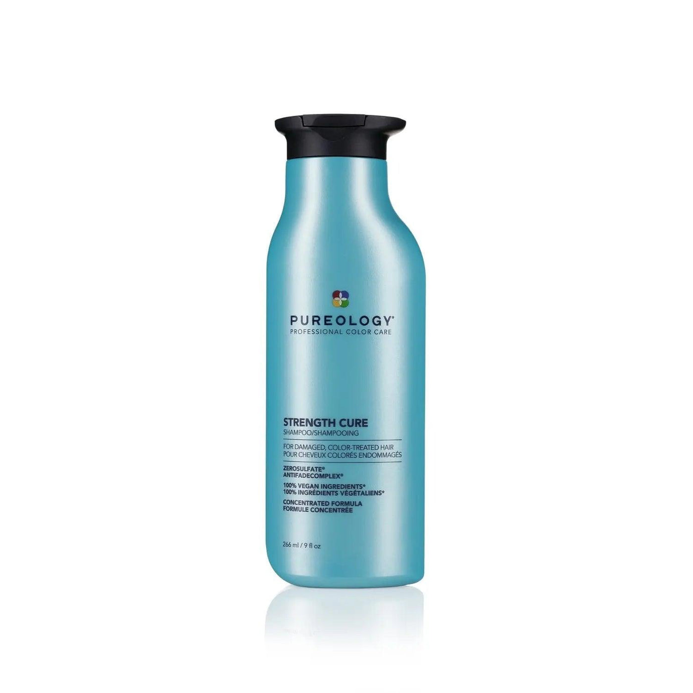 Pureology Strength Cure Shampoo bottle, sulfate-free formula for damaged, color-treated hair with a velvety-soft finish.